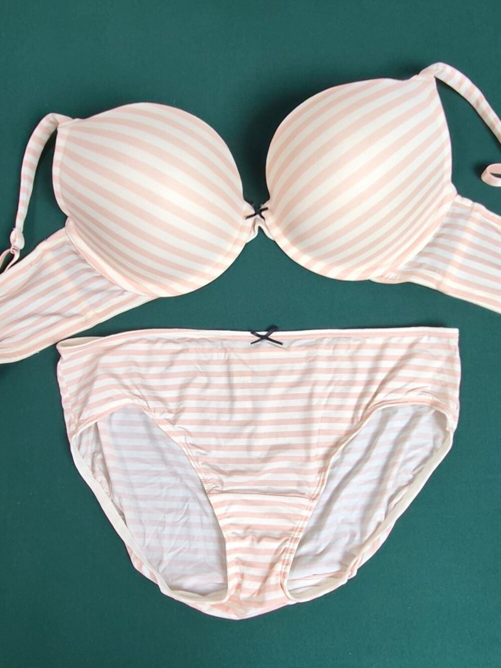 Cacique Bra and Panty Set Beige White Stripes Push-Up Bra EUC Size 38DD & 14/16